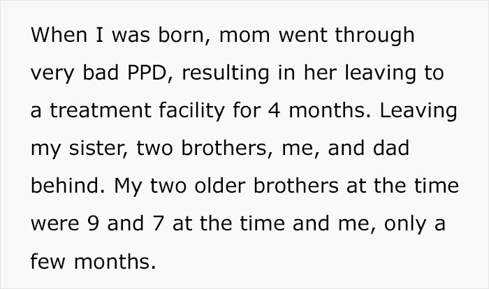Text excerpt about family struggles with postpartum depression and early childhood experiences during mom&rsquo;s treatment.