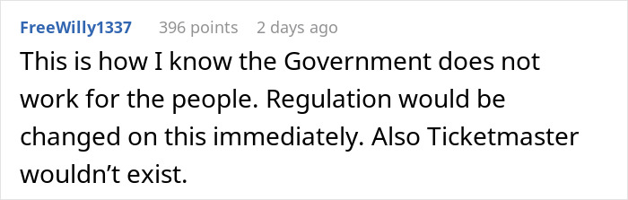 Screenshot of Reddit comment criticizing government and Ticketmaster, highlighting sardine can seating on new planes