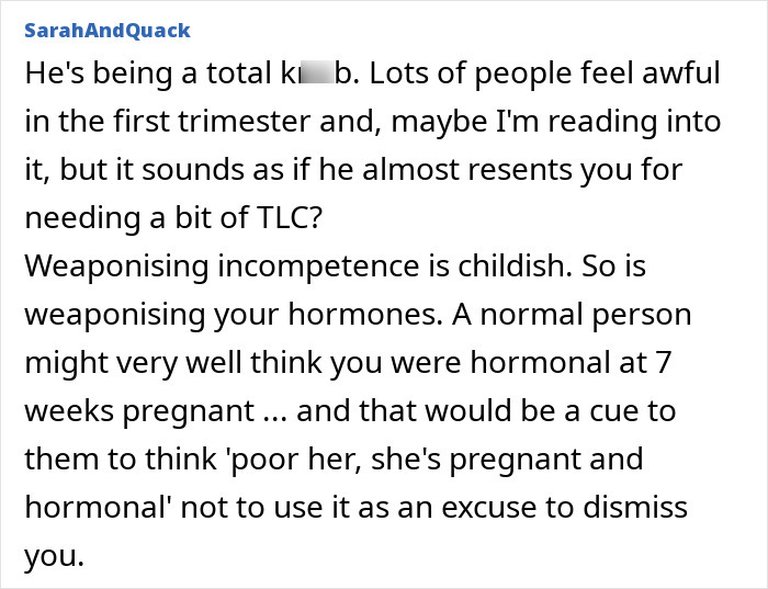 Comment discussing a man eating his pregnant partner&rsquo;s craving treat and the emotional impact on their relationship.
