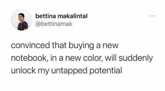 Tweet by bettina makalintal about believing a new notebook can unlock untapped potential New Year's resolutions concept.