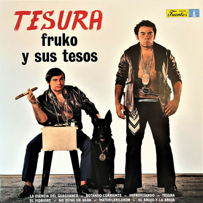 Two men in leather jackets and gold chains pose with a dog on a hilariously bad album cover sold commercially.