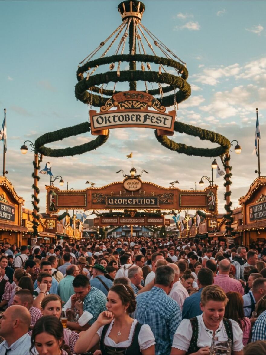Crowded Oktoberfest celebration with people in traditional attire, a must-visit place in travel destinations for 2026.