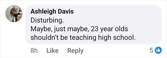 Comment from Ashleigh Davis criticizing 23-year-old teacher after hours-long intimate encounter surfaces online. Comment from Ashleigh Davis criticizing 23-year-old teacher after hours-long intimate encounter surfaces online.