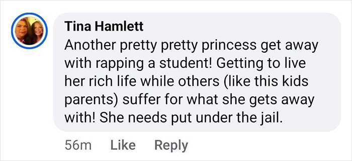 Comment from Tina Hamlett criticizing a teacher for allegedly rapping a student, calling for jail time after an intimate encounter. Comment from Tina Hamlett criticizing a teacher for allegedly rapping a student, calling for jail time after an intimate encounter.