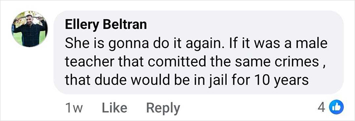 Comment by Ellery Beltran discussing consequences for a teacher after an hours-long intimate encounter with a student. Comment by Ellery Beltran discussing consequences for a teacher after an hours-long intimate encounter with a student.
