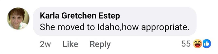 Comment from Karla Gretchen Estep saying She moved to Idaho, how appropriate, highlighting bold texts from teacher to student. Comment from Karla Gretchen Estep saying She moved to Idaho, how appropriate, highlighting bold texts from teacher to student.