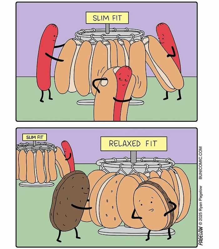 Hot Dog comics panel: anthropomorphic hot dogs and buns trying slim fit and relaxed fit racks