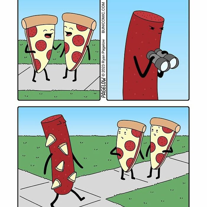 Hot Dog comics panel: two walking pizza slices and a spying hot dog character with binoculars, comic strip style