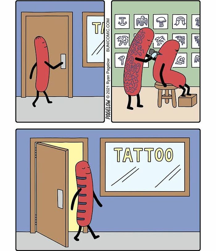 Hot Dog comics panel showing an anthropomorphic hot dog getting a tattoo and leaving with stripes