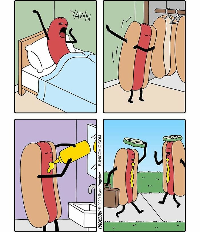 Hot Dog Comics panel of an anthropomorphic hot dog yawning in bed, donning a bun, squirting mustard, walking outside