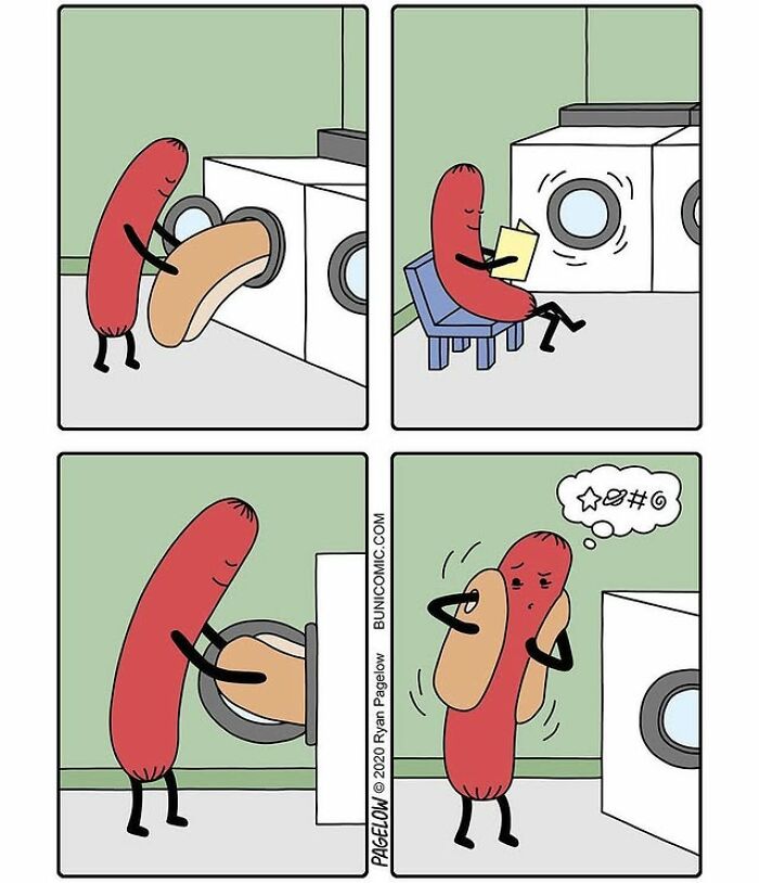 Hot Dog comics Ryan Pagelow: four-panel cartoon of an anthropomorphic hot dog washing its bun and ending up with a shrunken bun