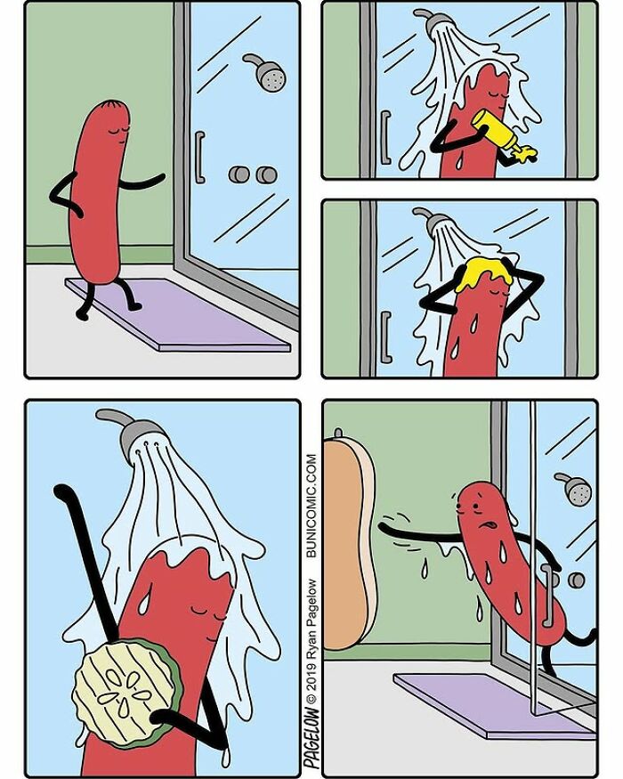 Hot Dog comics: anthropomorphic hot dog showering, lathers with loofah, surprised as a bun smacks the shower door