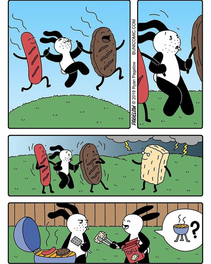 Hot Dog comics panel: rabbit dancing with anthropomorphic hot dog and burger, later grilling and offering tofu.