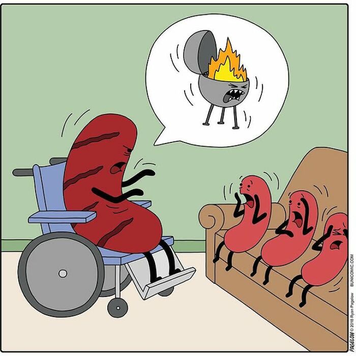 Hot Dog comics panel: hot dog in wheelchair scaring smaller hot dogs with a flaming grill in a speech bubble