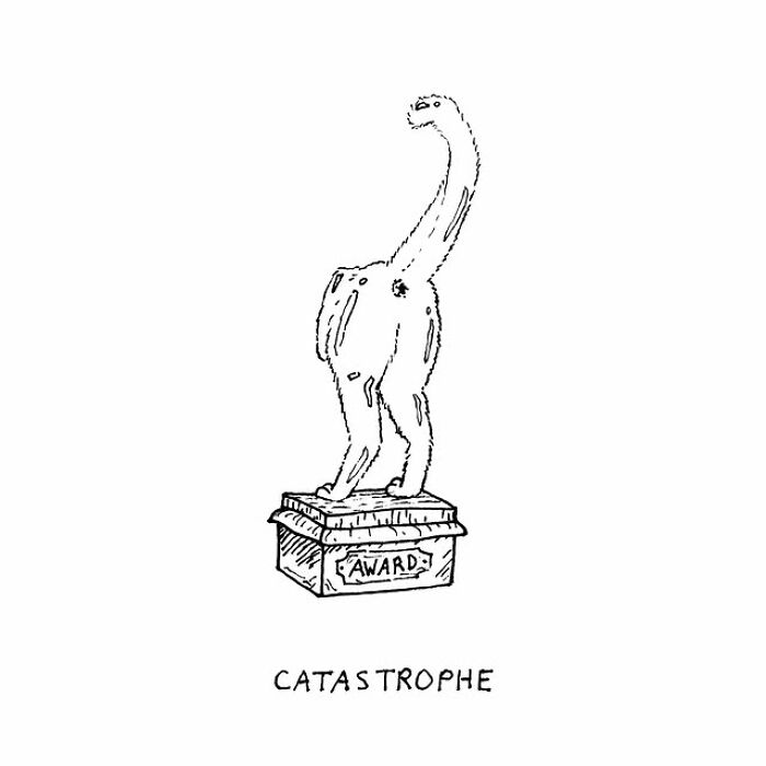 Hand-drawn visual pun showing a cat statue on an award base labeled catastrophe from a series of visual puns by an artist.