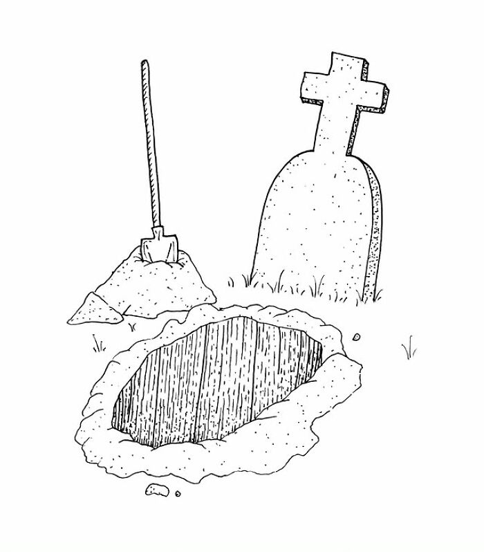 Black and white drawing of a grave with a shovel and open pit, showcasing a visual pun by the artist.