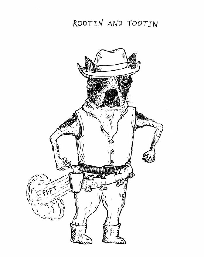 Dog dressed as cowboy with a visual pun of a fart labeled rootin and tootin in a creative daily visual pun series.