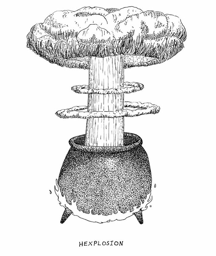 Black and white drawing showing a visual pun of a hexagonal explosion rising from a cooking pot.