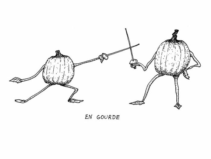 Two gourds with arms and legs fencing, showcasing a visual pun by an artist in a daily creative series.