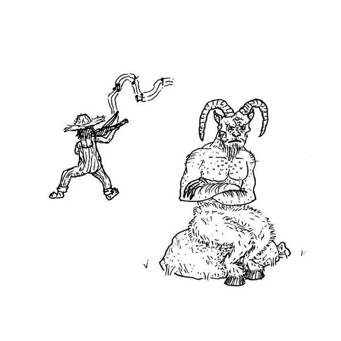 Black and white drawing of a hunter aiming a gun and a satyr sitting on a rock, illustrating a visual pun artwork.