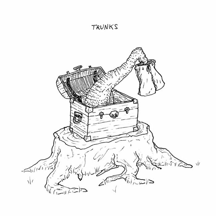 Illustration of a visual pun showing a tree stump with a treasure chest and elephant trunks for a creative art project.
