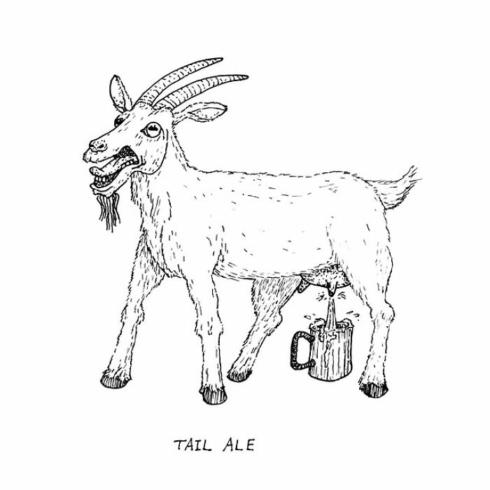 Goat creatively pouring ale from its tail into a mug, illustrating a visual pun by the artist’s daily creations.
