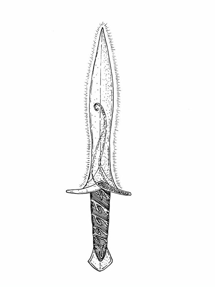 Black and white hand-drawn dagger illustration featuring detailed textures and patterns, an example of a visual pun by artist.
