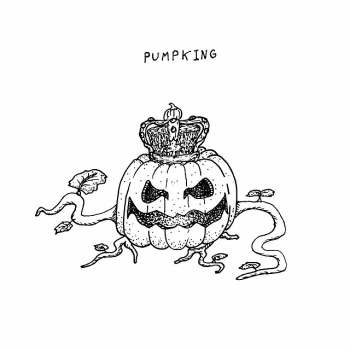 Hand-drawn visual pun of a pumpkin wearing a king's crown with twisted vines, illustrating creative visual puns by an artist.