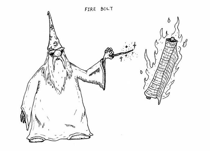 Hand-drawn visual pun of a wizard casting a fiery lightning bolt, showcasing creative visual puns by the artist.
