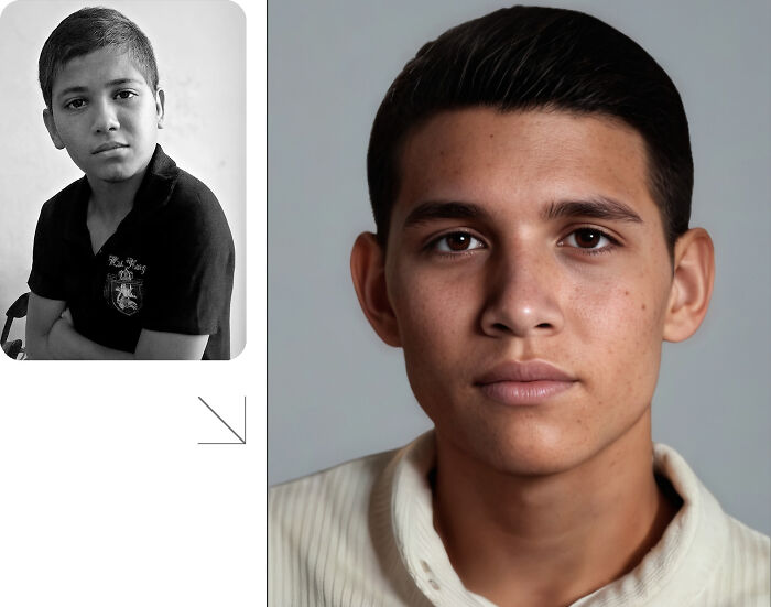 Side-by-side images showing AI predicted aged appearance and original photo of a missing person for finding them today