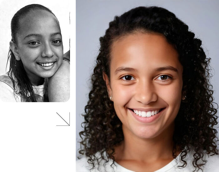 Before and after images showing AI prediction of how a missing person would look today, aiming to help find them.