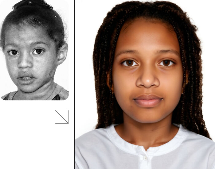 AI prediction of how a missing person would look today shown with childhood photo and updated portrait side by side.