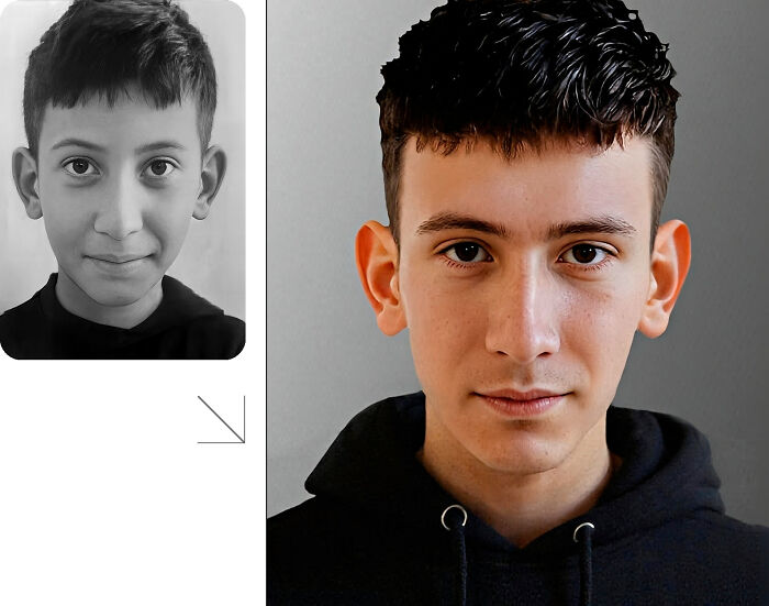 Side-by-side images showing AI predicted age progression of a missing person from child to teenager.