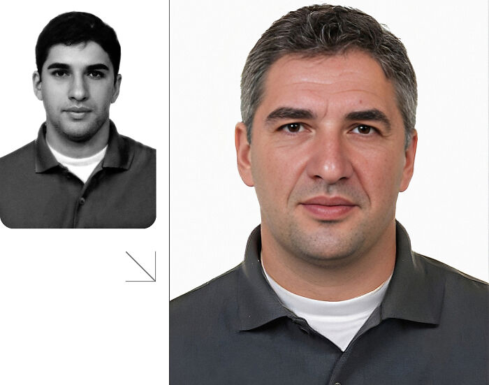 Side-by-side images showing AI predicted age progression of a missing person to help with missing people searches.