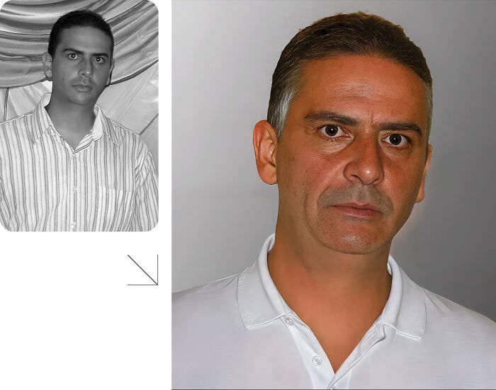 Side-by-side images showing AI predictions of how a missing person might look today based on old photographs.