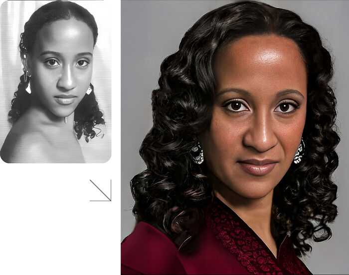 Side-by-side photos showing AI predicted aging of a missing person to help find them today.