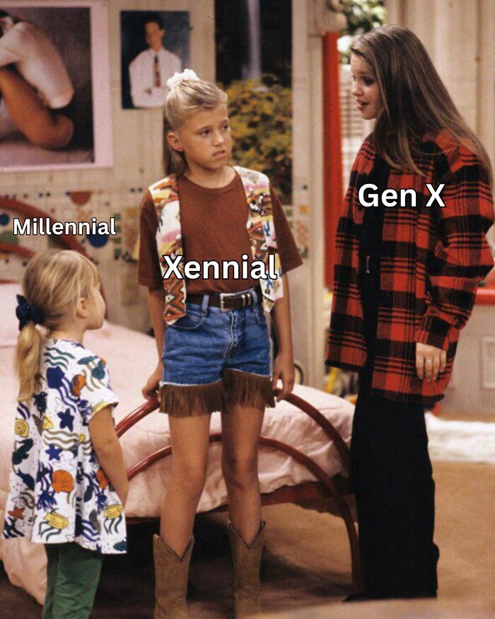 Three girls labeled Millennial, Xennial, and Gen X dressed in 90s fashion, showing generational differences for xenials nostalgia.