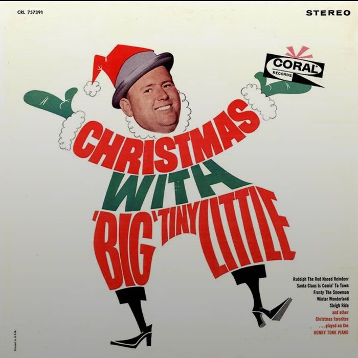 Christmas album cover featuring a man’s face on a distorted cartoon body with oversized red and green text design.