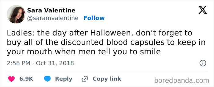 Tweet by Sara Valentine advising women to buy discounted blood capsules after Halloween to resist men telling them to smile, highlighting feminist posts calling out patriarchy.