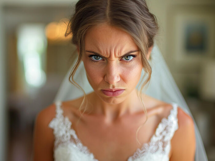 Bride in wedding dress with angry expression, capturing a wedding moment that didn't last as expected.