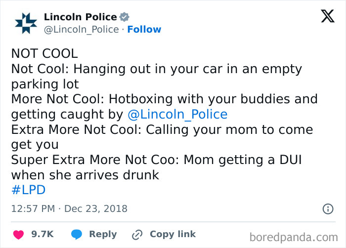 Lincoln Police tweet humorously warning about the consequences of hotboxing and calling your mom, in police social media accounts.