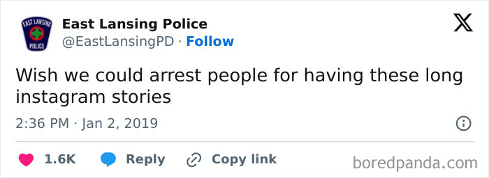 Screenshot of a humorous tweet from a police social media account joking about arresting people for long Instagram stories.