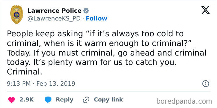 Lawrence Police tweet using humor on social media, showcasing one of the funniest police social media accounts online.