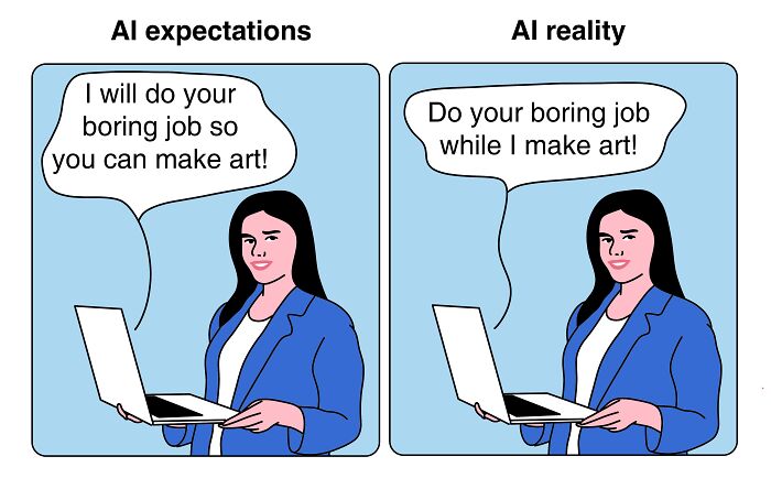 Studio Stoutpoep illustration: two-panel comic of woman with laptop, AI expectations vs AI reality satirizing modern life