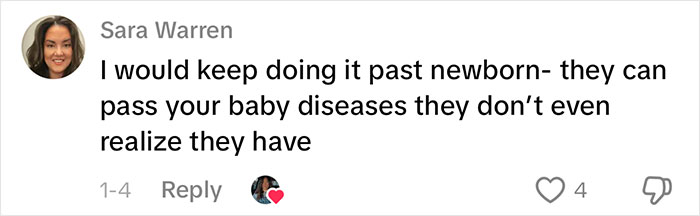 Comment warning about newborn baby disease risks, part of viral woman&rsquo;s gentle reminder for grandma not to kiss baby.