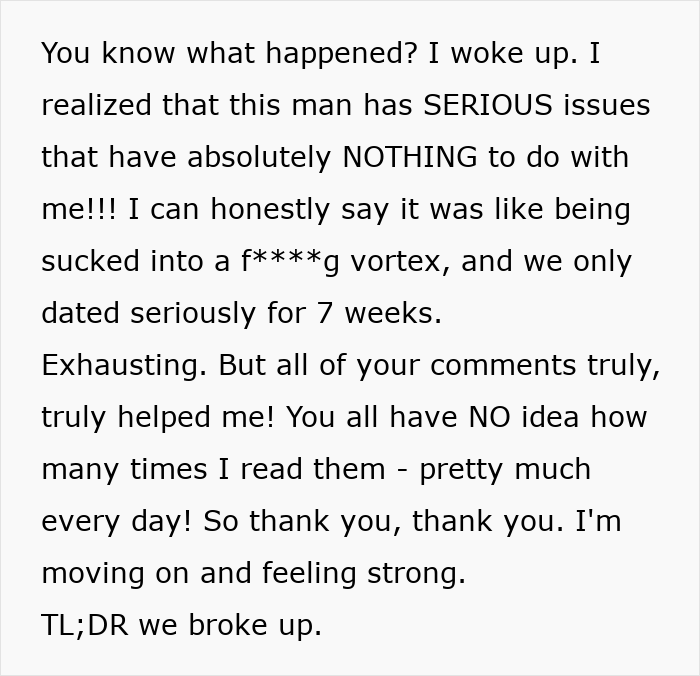 Text excerpt about a boyfriend fearing golddiggers and relationship issues after dating for seven weeks.