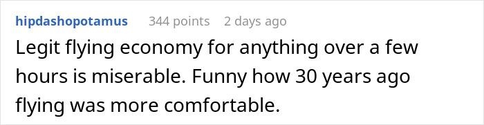 Reddit comment complaining economy flying is miserable, referencing sardine can seating in new planes