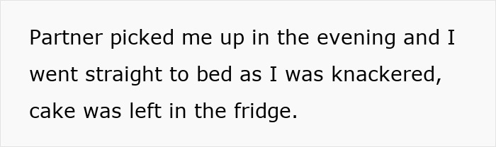Text message discussing a partner picking someone up and finding cake left in the fridge after a long day.