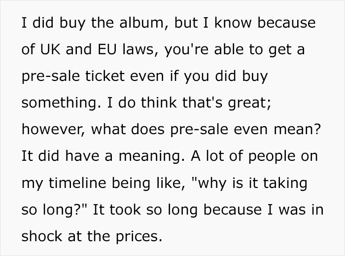 Text excerpt discussing fans&rsquo; reaction to Harry Styles new tour ticket prices and pre-sale confusion online.