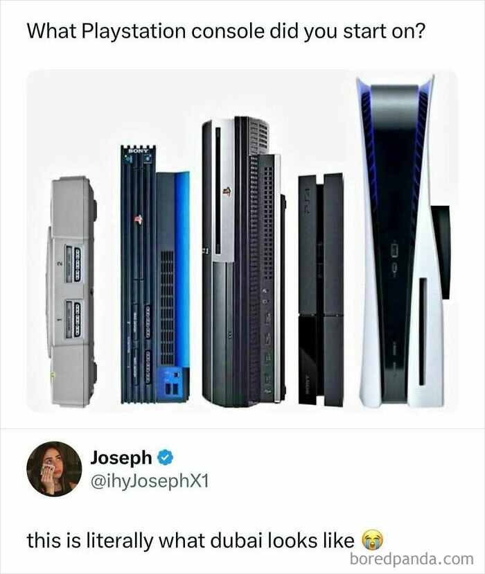 Different PlayStation consoles lined up from oldest to newest, shared in popular internet posts for more enjoyable scrolling.